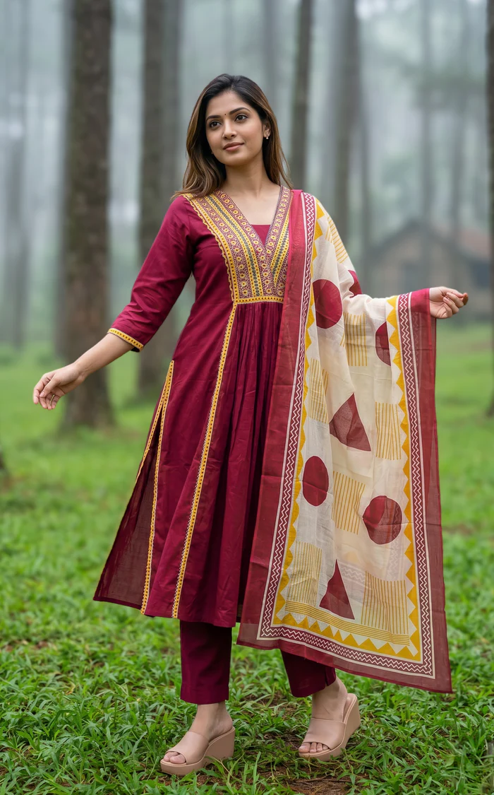 Hananya Wine V Neck Embroidery Aline Kurti